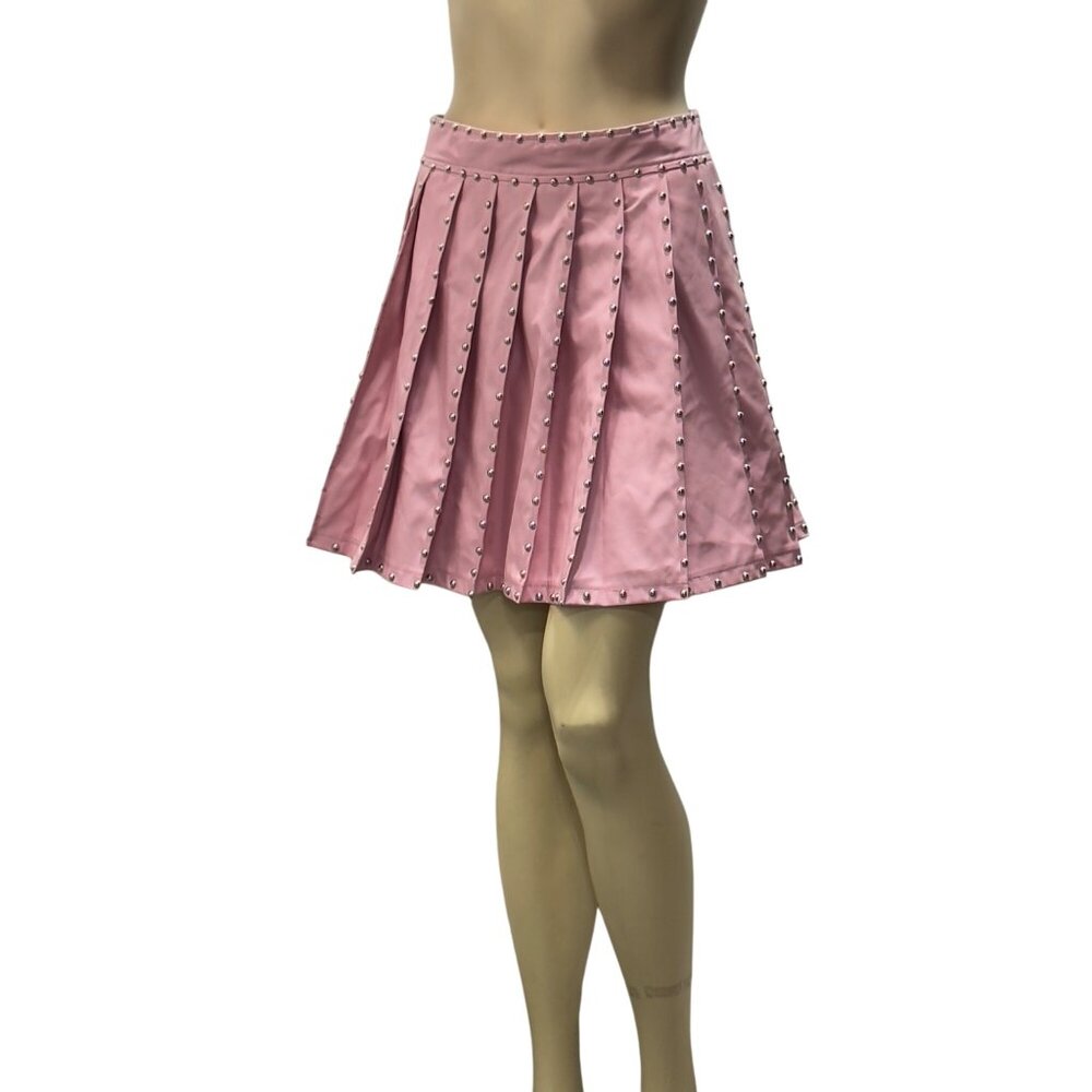 Kiwi Womens Pink Pleated Studded Skirt Faux Leather Mini Size L
